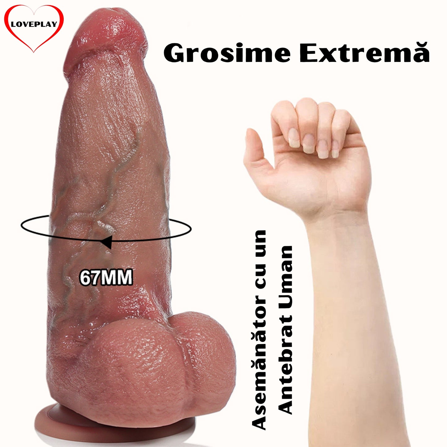 Dildo Ultra-Realistic Loveplay™ ClassicHim, cu vene proeminente din silicon de inalta calitate, cu ventuza pentru fixare usoara, rezistent la apa, circumferinta 6.7 cm, lungime inserabila 17 cm, lungime totala 24 cm, 900g
