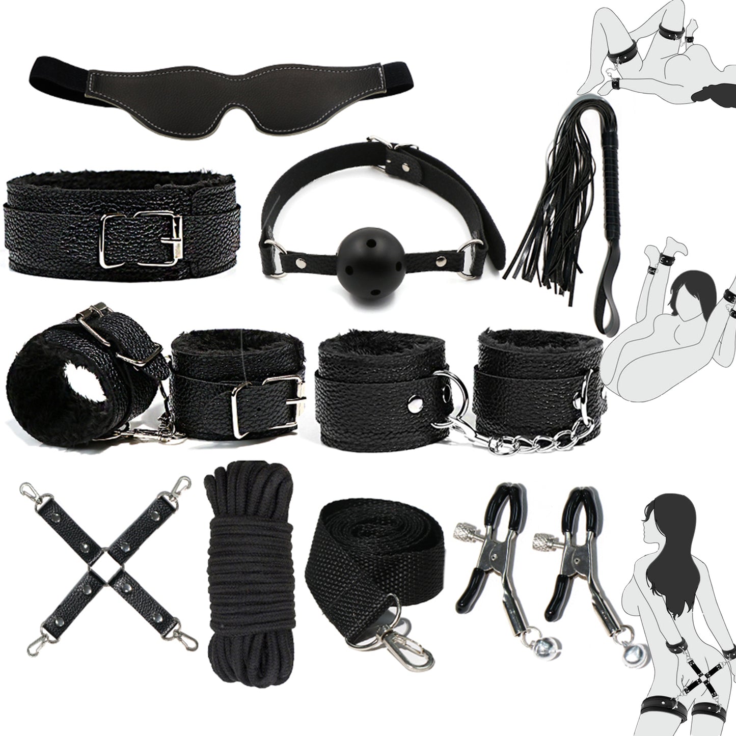 Set complet de accesorii BDSM YesSir LovePlay™ format din catuse pentru maini si picioare, bici, lesa, zgarda, masca de ochi, clesti pentru sfarcuri, prinzatori de pat, din piele ecologica, negru, ajustabil - LovePlay
