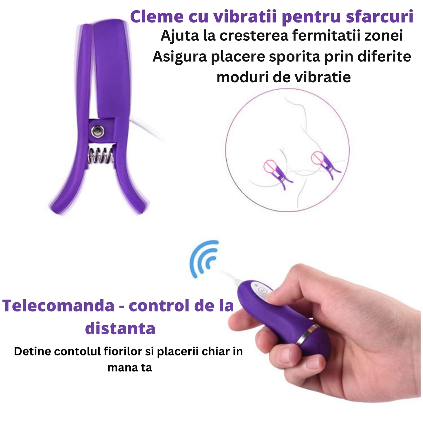 Vibrator LovePlay™ 2 in 1 NippleLove, cu clips pentru sfarcuri, stimularea clitorisului si a sanilor, silentios, 10 tipuri diferite de vibratie, rezistent la apa, control prin telecomanda, din silicon, mov