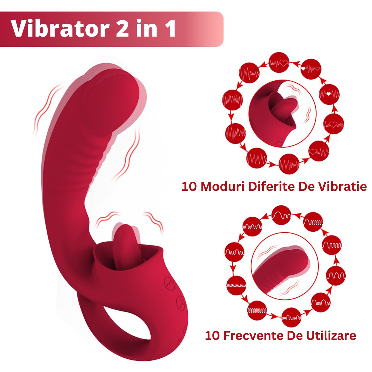 Vibrator LovePlay™ 2 in 1 FrenchKiss, 10 tipuri diferite de vibratie, stimulare vaginala si clitoridiana, pentru senzatie orala, rezistent la apa, silentios, incarcare USB, din silicon, cu functie de dildo, rosu - LovePlay