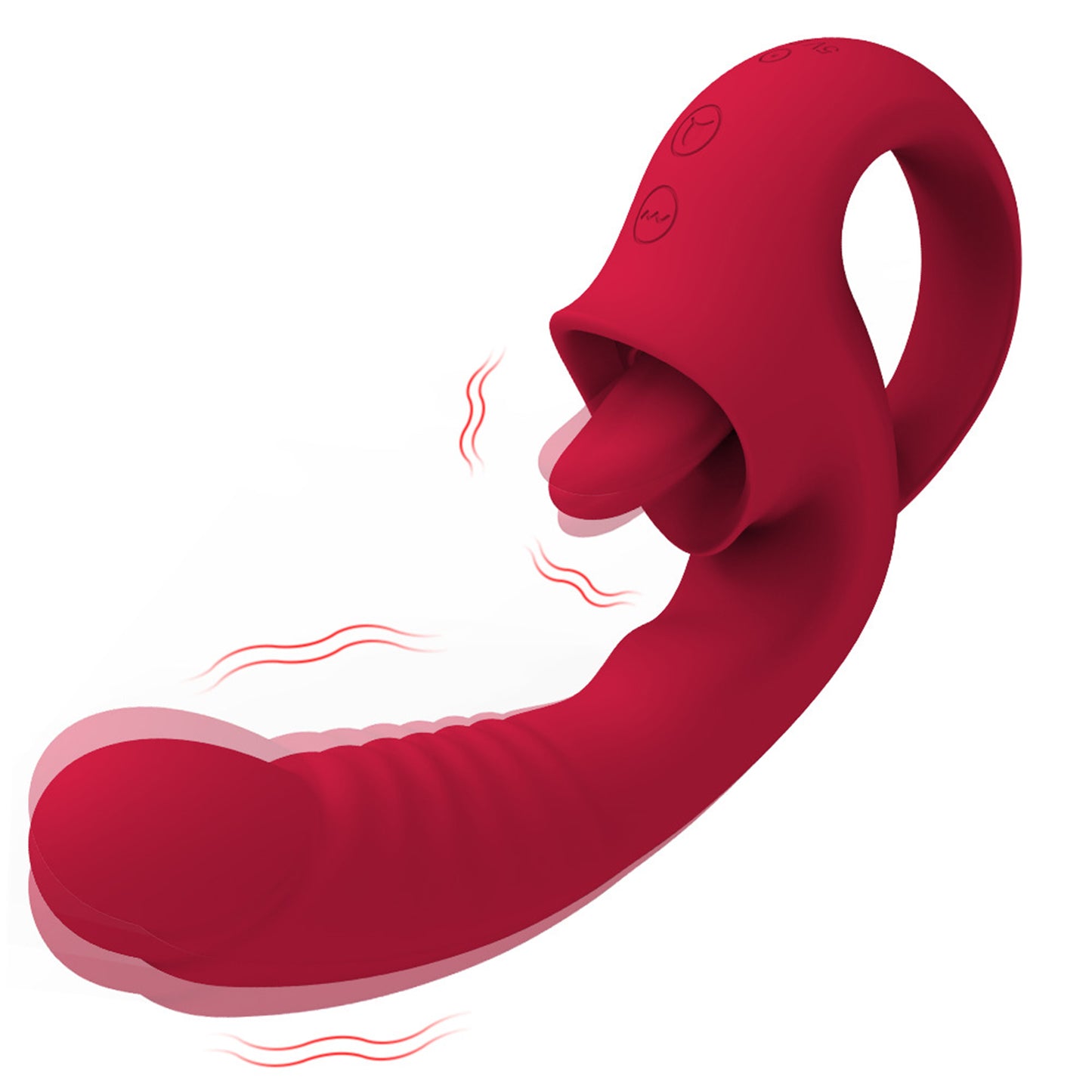 Vibrator LovePlay™ 2 in 1 FrenchKiss, 10 tipuri diferite de vibratie, stimulare vaginala si clitoridiana, pentru senzatie orala, rezistent la apa, silentios, incarcare USB, din silicon, cu functie de dildo, rosu - LovePlay