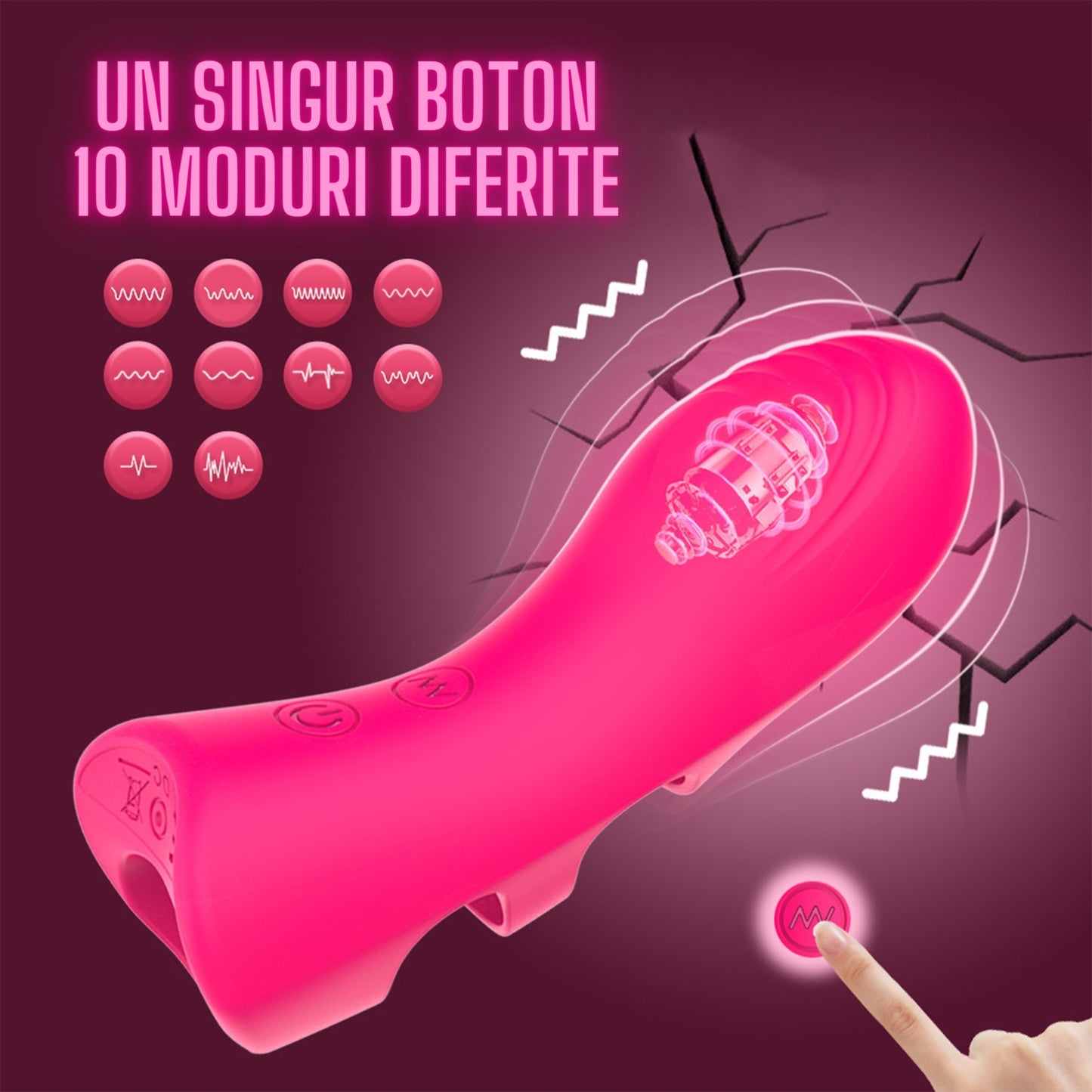 Vibrator LovePlay™ FingerVibe atasabil, cu 10 tipuri de vibratie diferite, rezistent la apa, silentios, incarcare prin USB, stimulare punct G si C, de dimensiuni mici, usor de transportat, din silicon, roz, elastic, 10, 5 x 3, 7 cm