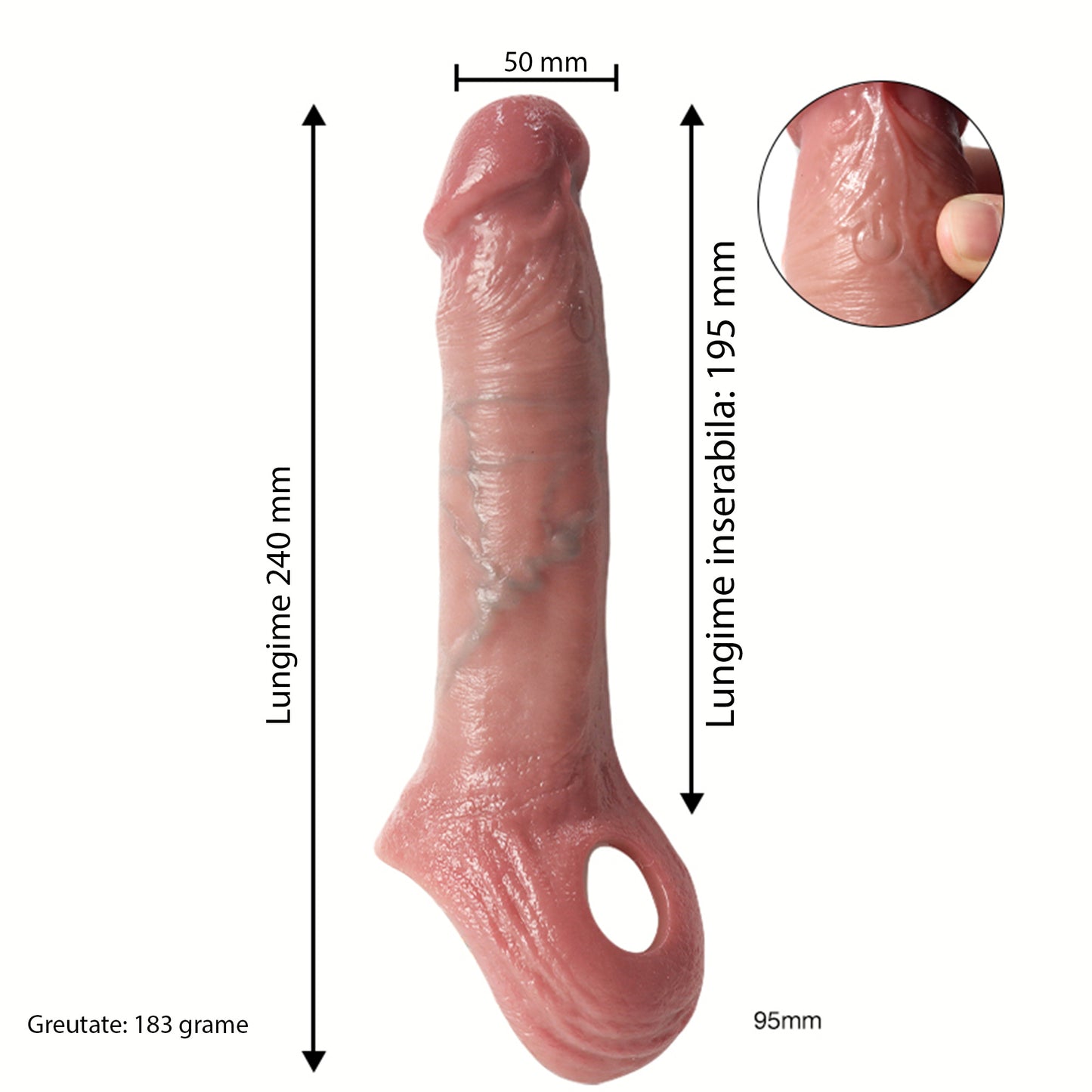 Manson penis LovePlay™ LongFriend cu vene proeminente, din silicon non-toxic, rezistent la apa, atasabil, lungime inserabila de 18 cm, diametru interior 4.5 cm - LovePlay