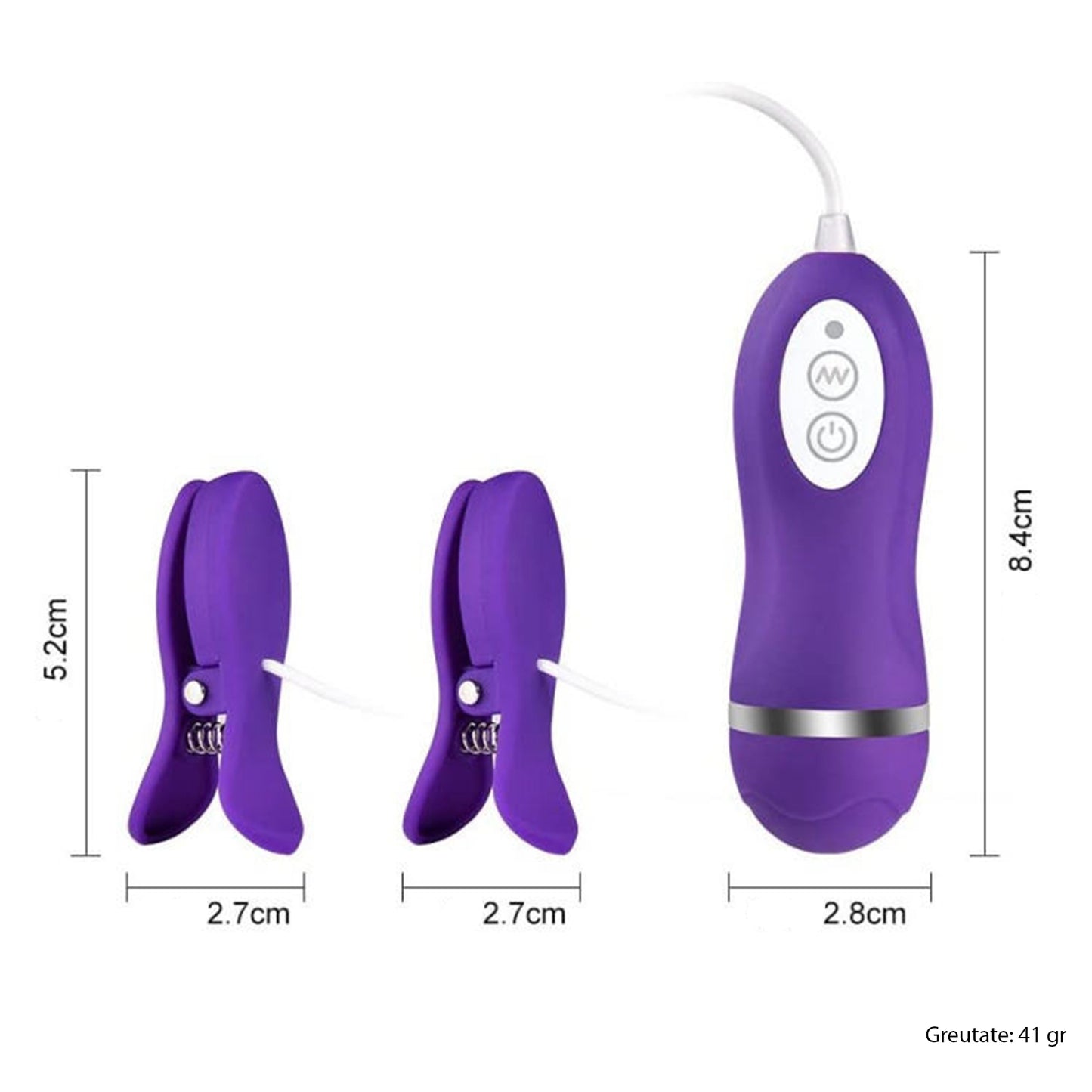 Vibrator LovePlay™ 2 in 1 NippleLove, cu clips pentru sfarcuri, stimularea clitorisului si a sanilor, silentios, 10 tipuri diferite de vibratie, rezistent la apa, control prin telecomanda, din silicon, mov