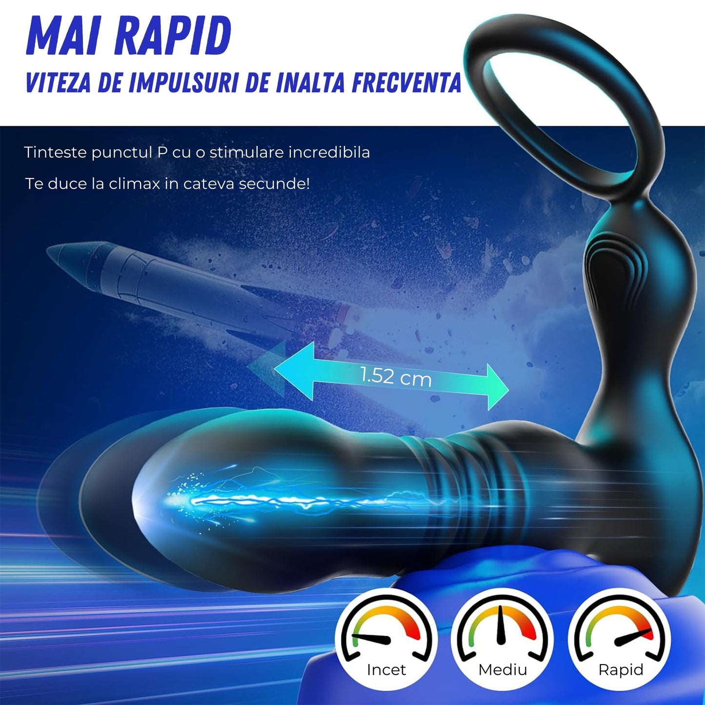 Vibrator Anal 3-in-1 LovePlay™ ThrustMaster, 7 Moduri de Vibratie, cu Miscare de Piston, Inel pentru Penis, Control prin Aplicatie si Telecomanda, Rezistent la Apa, Silicon Premium - LovePlay