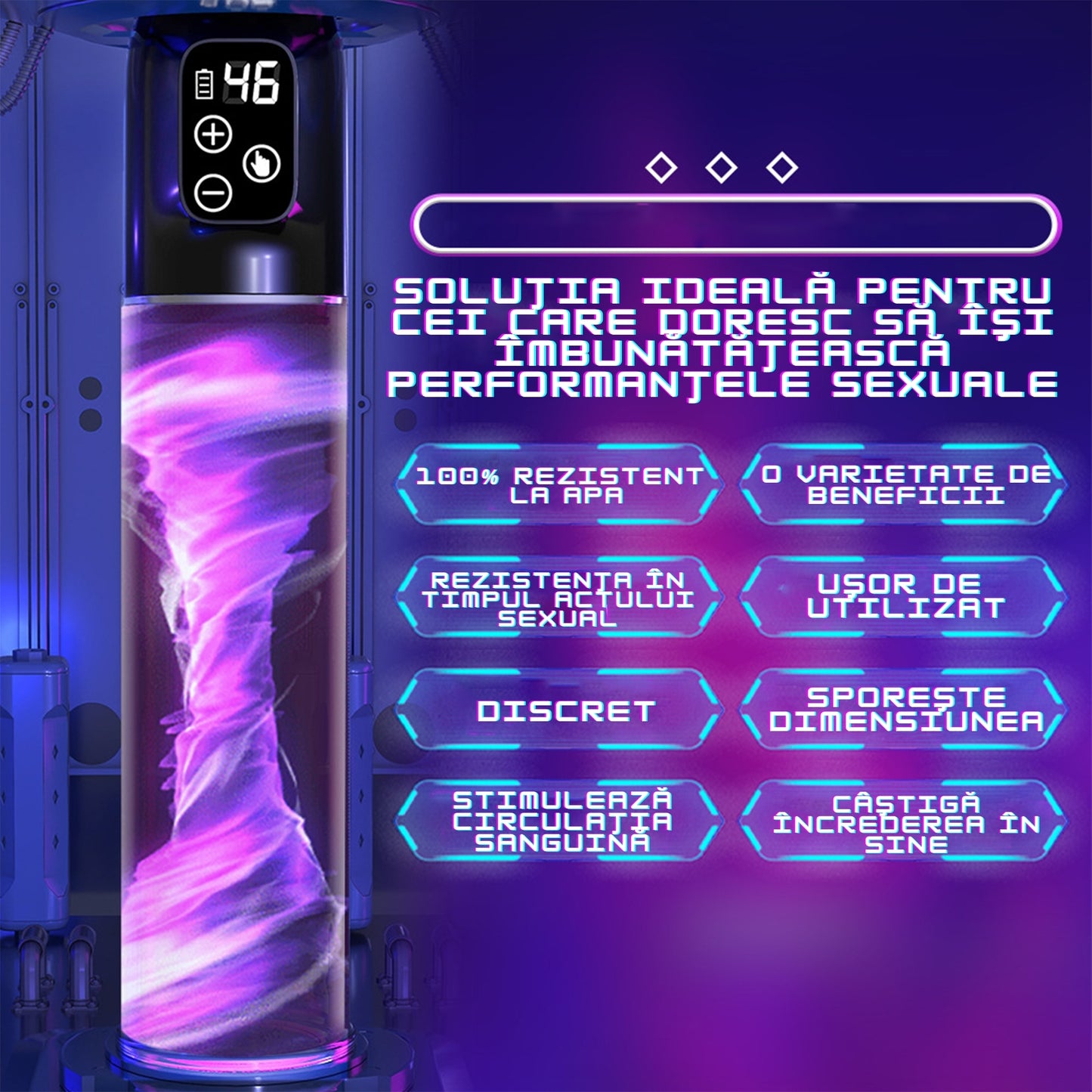 Pompa pentru penis LovePlay™ PowerPump, cu efect de suctie si vibratie puternice, pentru marirea penisului, rezistent la apa, rezistent la apa, incarcare prin USB, silentios, 28 x 6 cm, din silicon, negru - LovePlay