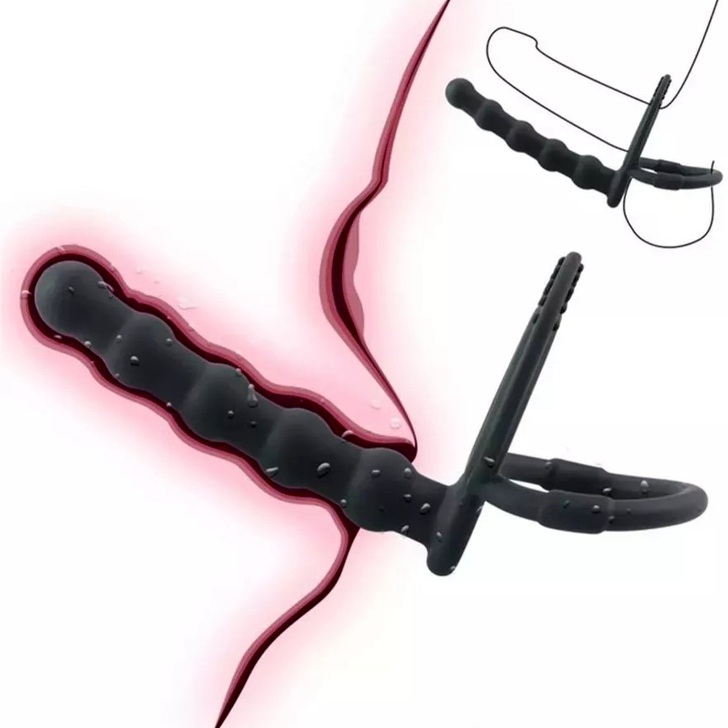 Strap on Dildo LovePlay™ DoubleD, cu inele de prindere si striatii sferice, pentru masaj punct G sau penetrare anala, din silicon non-toxic - LovePlay