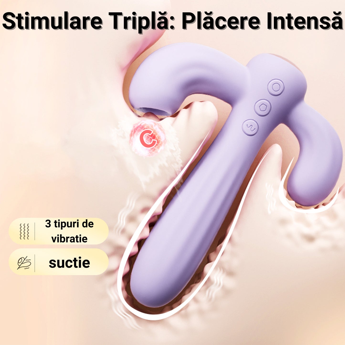 Vibrator LovePlay™ Cactus cu 10 tipuri diferite de vibratie si suctie, stimulare tripla, punctul G, punctul C si anal, din silicon, mov, rezistent la apa, incarcare magnetica, design discret, usor de folosit - LovePlay