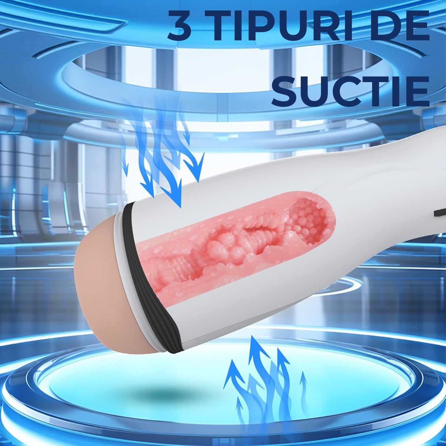 Masturbator LovePlay™ ModernHer, 10 moduri diferite de vibratie puternice, 3 tipuri de suctie, efect de masaj, cu sunete de placere, din silicon premium si sigur, moale, rezistent la apa, incarcare USB, design discret, lungime inserabila 15 cm - LovePlay