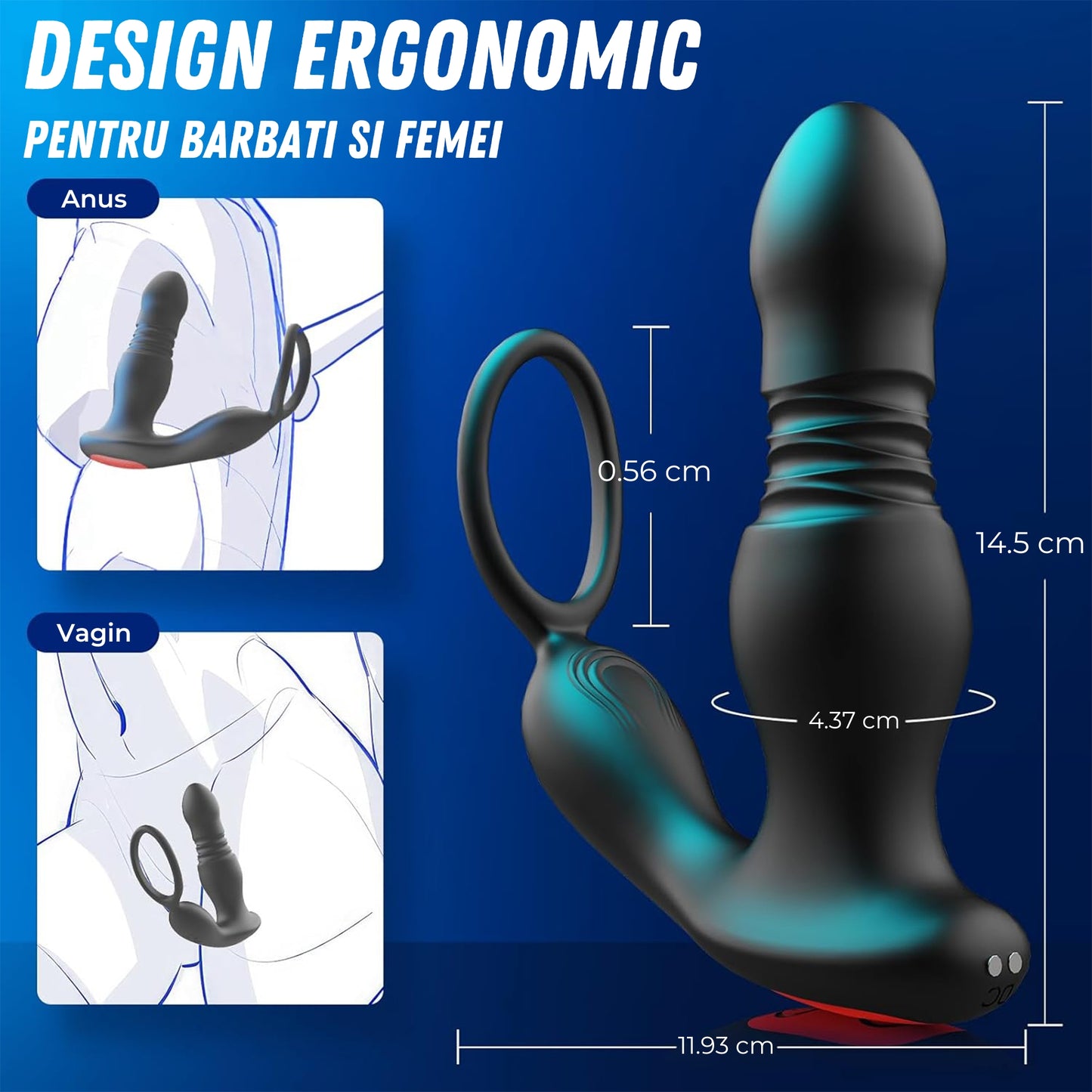 Vibrator Anal 3-in-1 LovePlay™ ThrustMaster, 7 Moduri de Vibratie, cu Miscare de Piston, Inel pentru Penis, Control prin Aplicatie si Telecomanda, Rezistent la Apa, Silicon Premium - LovePlay
