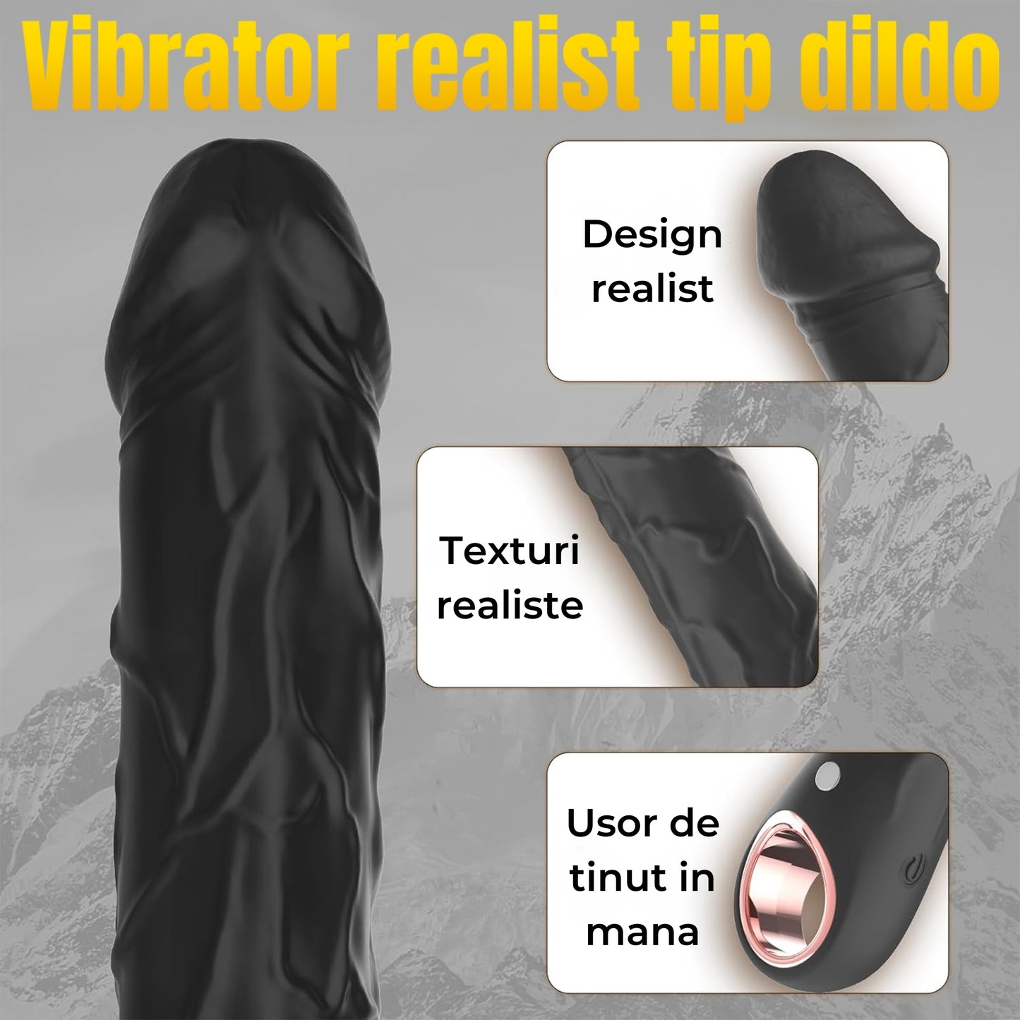 Dildo Vibrator LovePlay™ PulseGrip, cu 10 Moduri de Vibratie si Textura Realista, Maner Ergonomic, Silicon Moale, Flexibil si Impermeabil IPX5, Design cu Relief pentru Stimulare Intensa, Negru - LovePlay