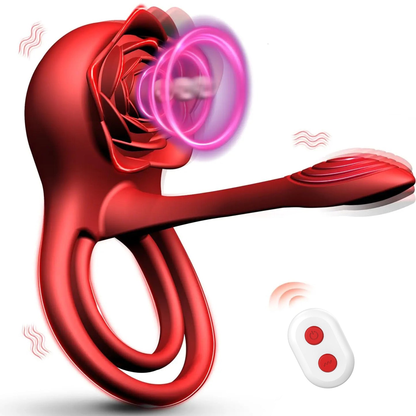 Vibrator LovePlay™ 3 in 1 RoseRing, 9 moduri de vibratie diferite, cu inel de penis pentru intarzierea ejacularii, stimulare clitoridiana si punct G, atasabil, cu telecomanda, incarcare USB, rezistent la apa, design floral, 10 x 10 x 5.4 cm - LovePlay