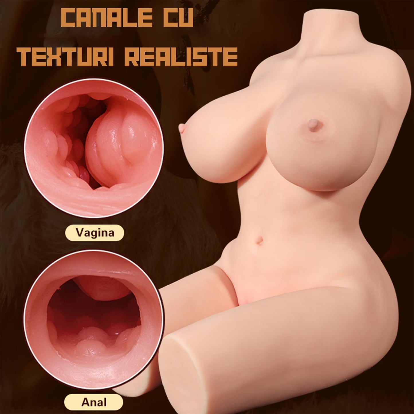 Masturbator LovePlay™ SexDoll, canal vaginal si anal, cu sani si coapse realiste, rezistent la apa, din silicon premium, cu textura interna 3D, greutate 1.7 kg - LovePlay