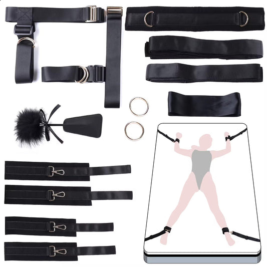 Set catuse erotice BDSM LovePlay™ Attitude, tip mansete, design adjustabil, ideal pentru pat, negru, din piele ecologica - LovePlay