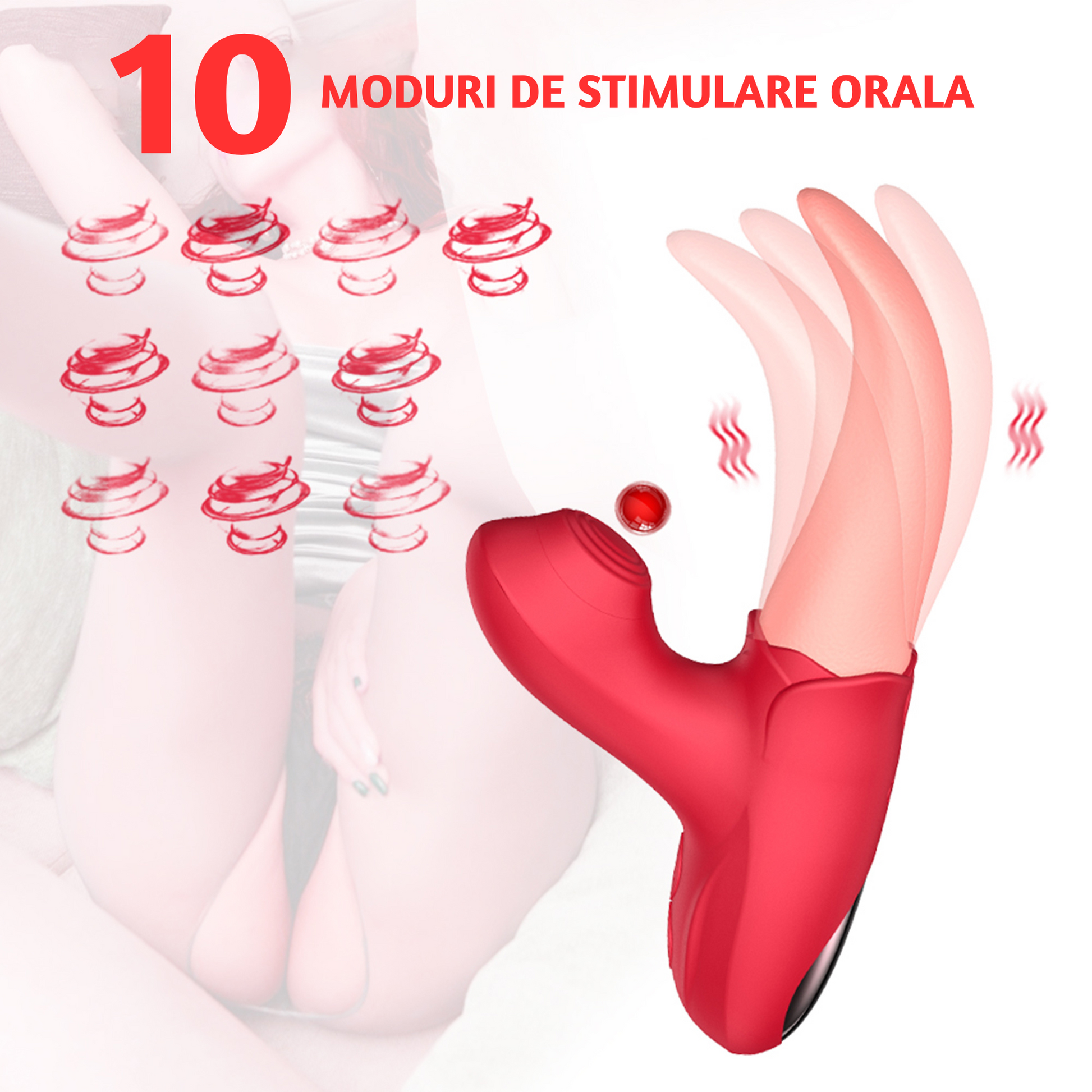 Vibrator Dual LovePlay LickMe, 10 moduri de vibratie, cu stimulare clitoridiana si penetrare ce imita miscarea limbii, pentru punctele A, G, U, C, rezistent la apa, silicon non-toxic, rosu - LovePlay