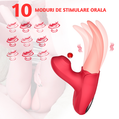 Vibrator Dual LovePlay LickMe, 10 moduri de vibratie, cu stimulare clitoridiana si penetrare ce imita miscarea limbii, pentru punctele A, G, U, C, rezistent la apa, silicon non-toxic, rosu - LovePlay