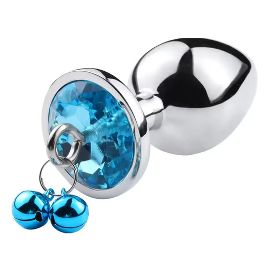 Set dop anal si lesa LovePlay™ GoodGirl, din otel inoxidabil si piele, cu clopotei, rezistent la apa, albastru, lungime 70 mm, diametru 27 mm - LovePlay