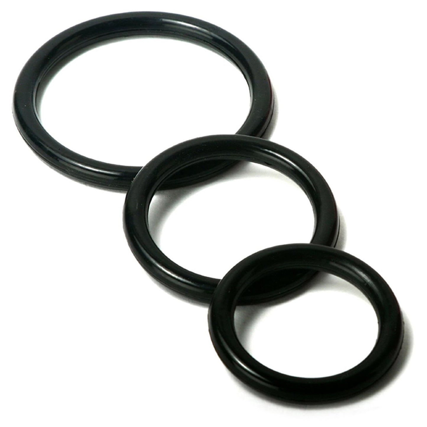 Set 3 inele de penis LovePlay™ pentru mentinerea erectiei si intarzierea ejacularii, din silicon, 3 dimeniuni: 5cm, 4cm si 3cm, negru, confortabile si usor de utilizat - LovePlay