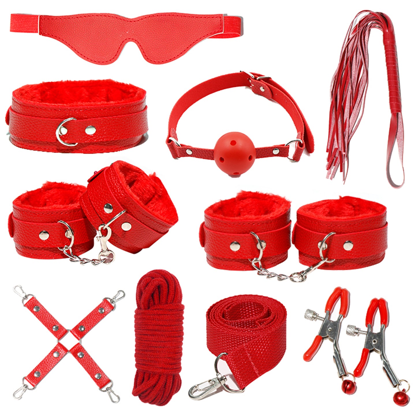 Set complet de accesorii BDSM YesSir LovePlay™ format din catuse pentru maini si picioare, bici, lesa, zgarda, masca de ochi, clesti pentru sfarcuri, prinzatori de pat, din piele ecologica, rosu, ajustabil - LovePlay