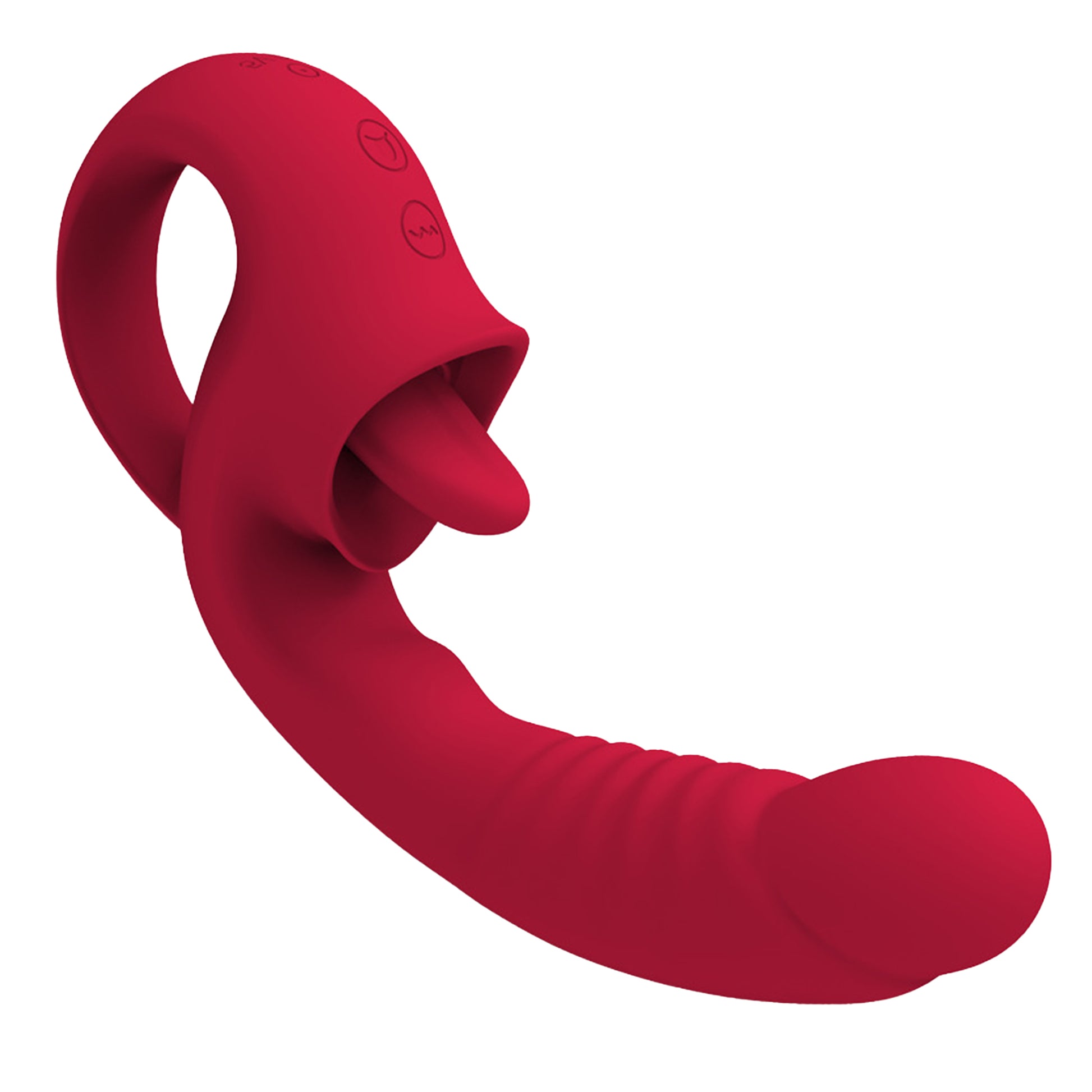 Vibrator LovePlay™ 2 in 1 FrenchKiss, 10 tipuri diferite de vibratie, stimulare vaginala si clitoridiana, pentru senzatie orala, rezistent la apa, silentios, incarcare USB, din silicon, cu functie de dildo, rosu - LovePlay