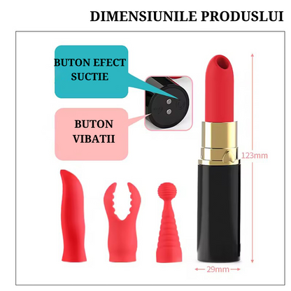 Vibrator Red Lipstick LovePlay™, design discret si silentios, cu patru capete interschimbabile, rezistent la apa - LovePlay