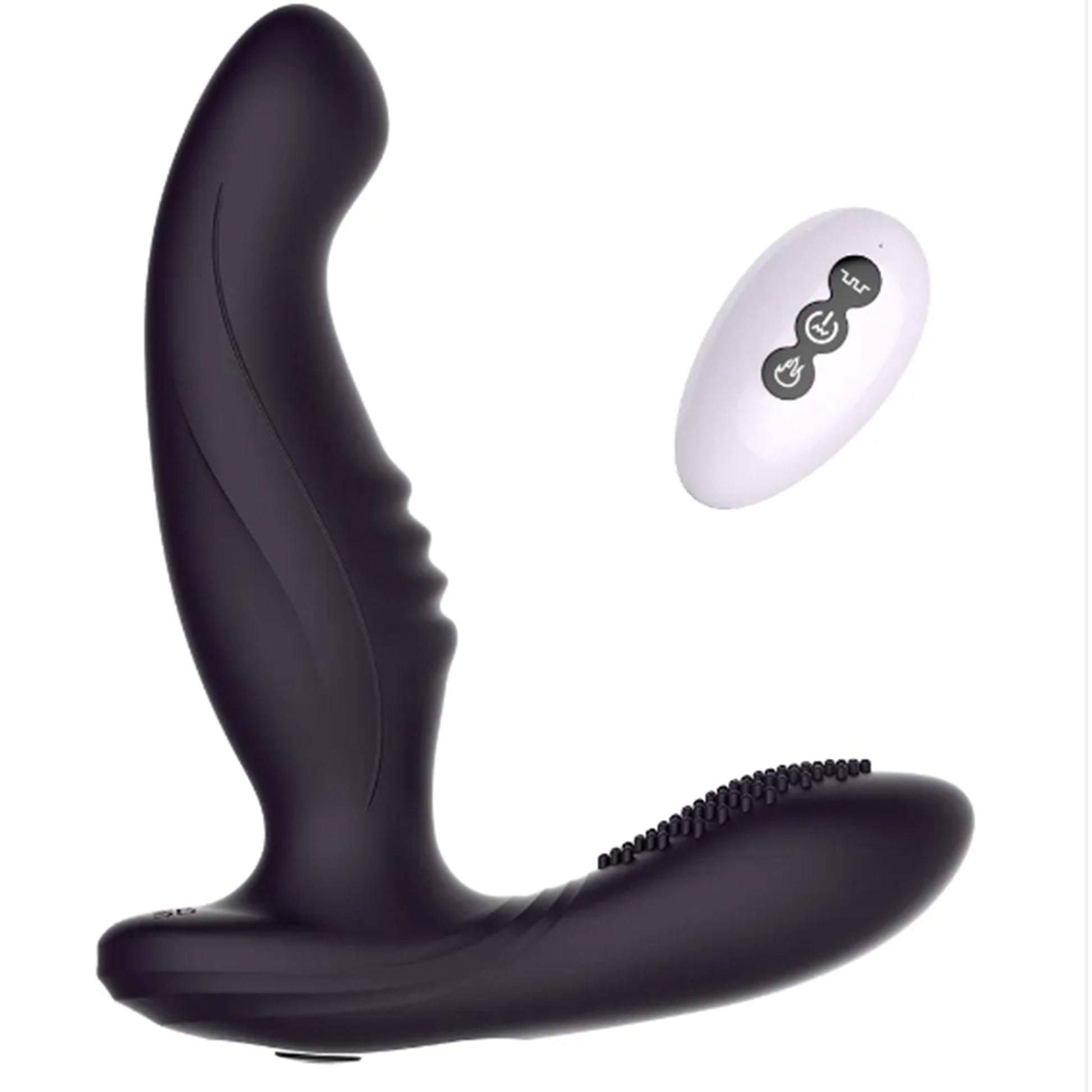 Vibrator LovePlay™ BlackDragon, cu 7 tipuri de vibratii puternice, anal, stimulare dubla, functie de incalzire, incarcare USB, control prin telecomanda wireless de la 10 m, rezistent la apa, silentios, din silicon, negru, 12 x 13, 5 x 4 cm - LovePlay
