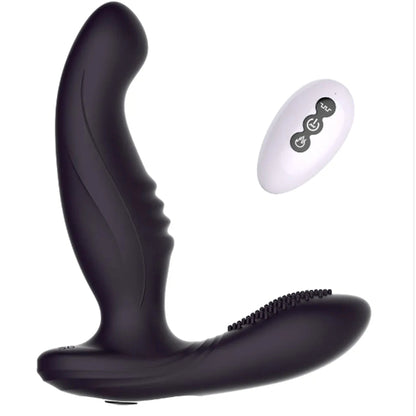 Vibrator LovePlay™ BlackDragon, cu 7 tipuri de vibratii puternice, anal, stimulare dubla, functie de incalzire, incarcare USB, control prin telecomanda wireless de la 10 m, rezistent la apa, silentios, din silicon, negru, 12 x 13, 5 x 4 cm - LovePlay