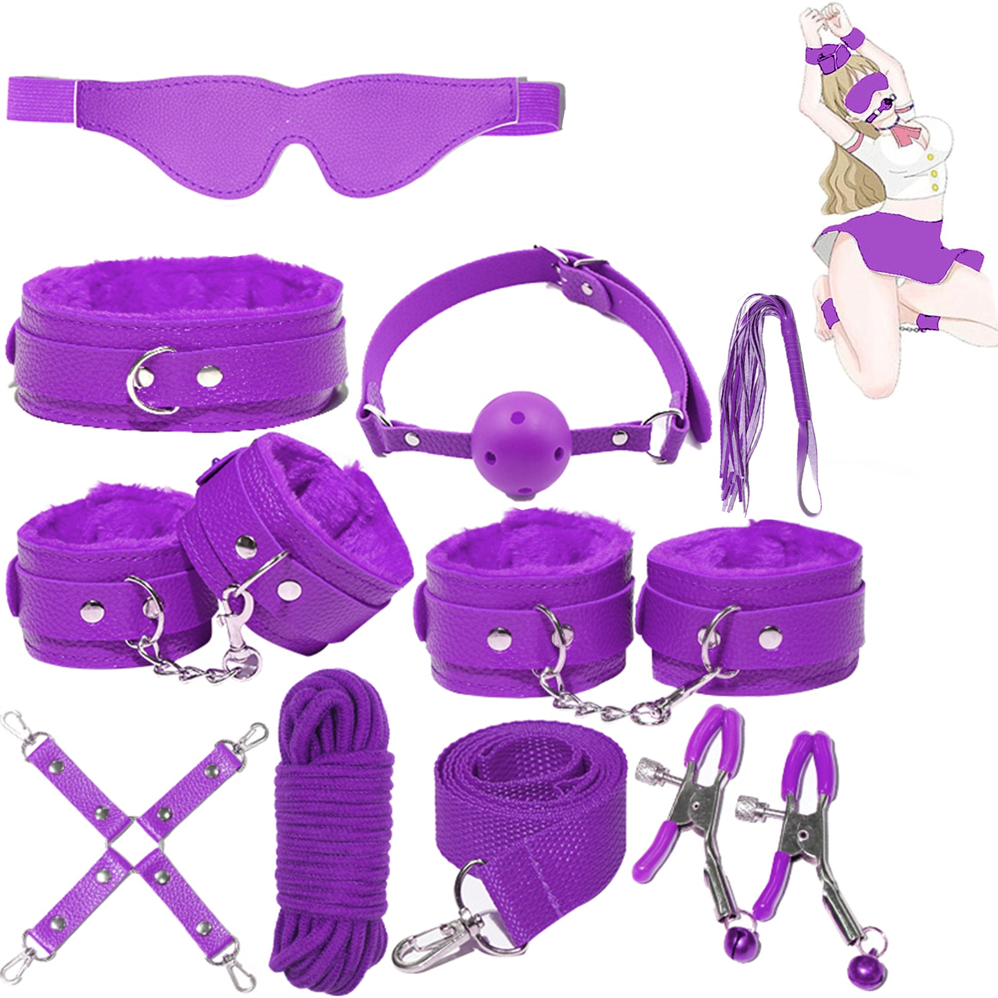 Set complet de accesorii BDSM YesSir LovePlay™ format din catuse pentru maini si picioare, bici, lesa, zgarda, masca de ochi, clesti pentru sfarcuri, prinzatori de pat, din piele ecologica, mov, ajustabil - LovePlay