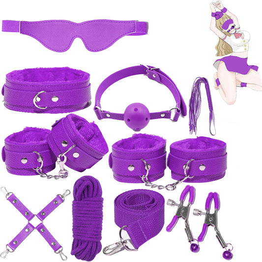 Set complet de accesorii BDSM YesSir LovePlay™ format din catuse pentru maini si picioare, bici, lesa, zgarda, masca de ochi, clesti pentru sfarcuri, prinzatori de pat, din piele ecologica, mov, ajustabil - LovePlay