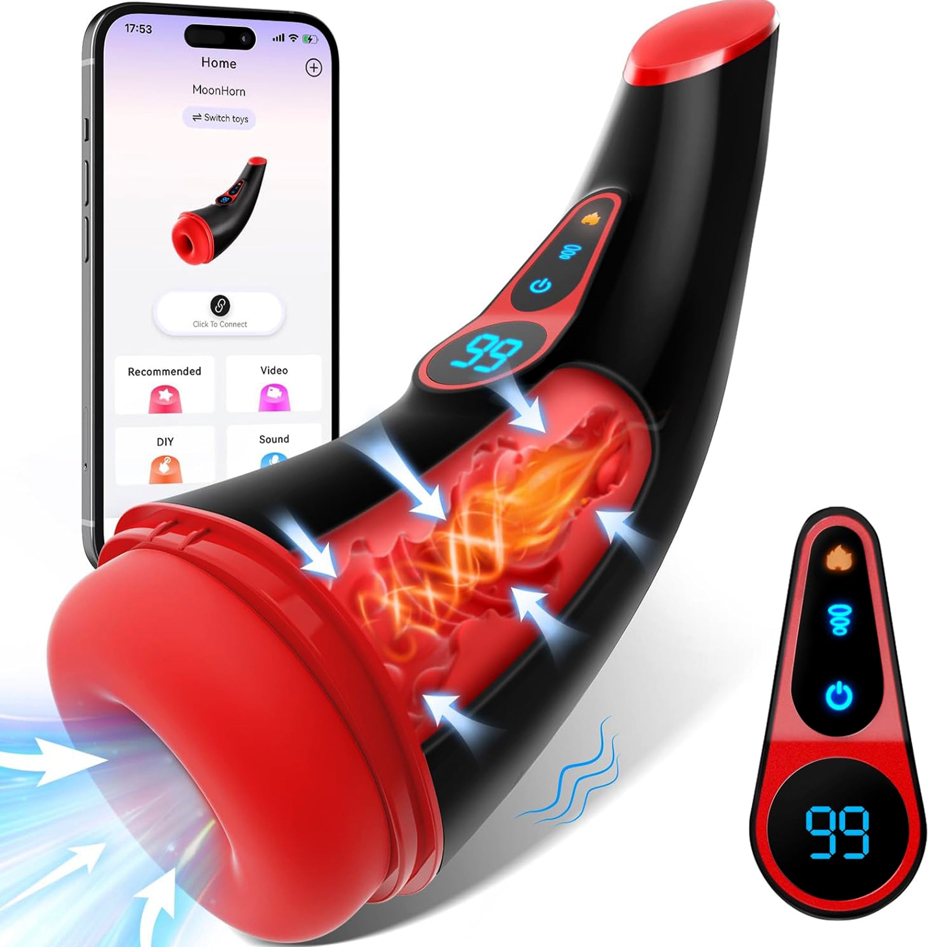 Masturbator LovePlay™ cu 9 moduri de vibratii, 9 moduri de suctie, functie de incalzire, control prin aplicatie, silentios, adancime penetrare 16 cm, design realist, ecran LCD, din silicon premium moale, rezistent la apa, ambalaj discret, usor de folosit - LovePlay