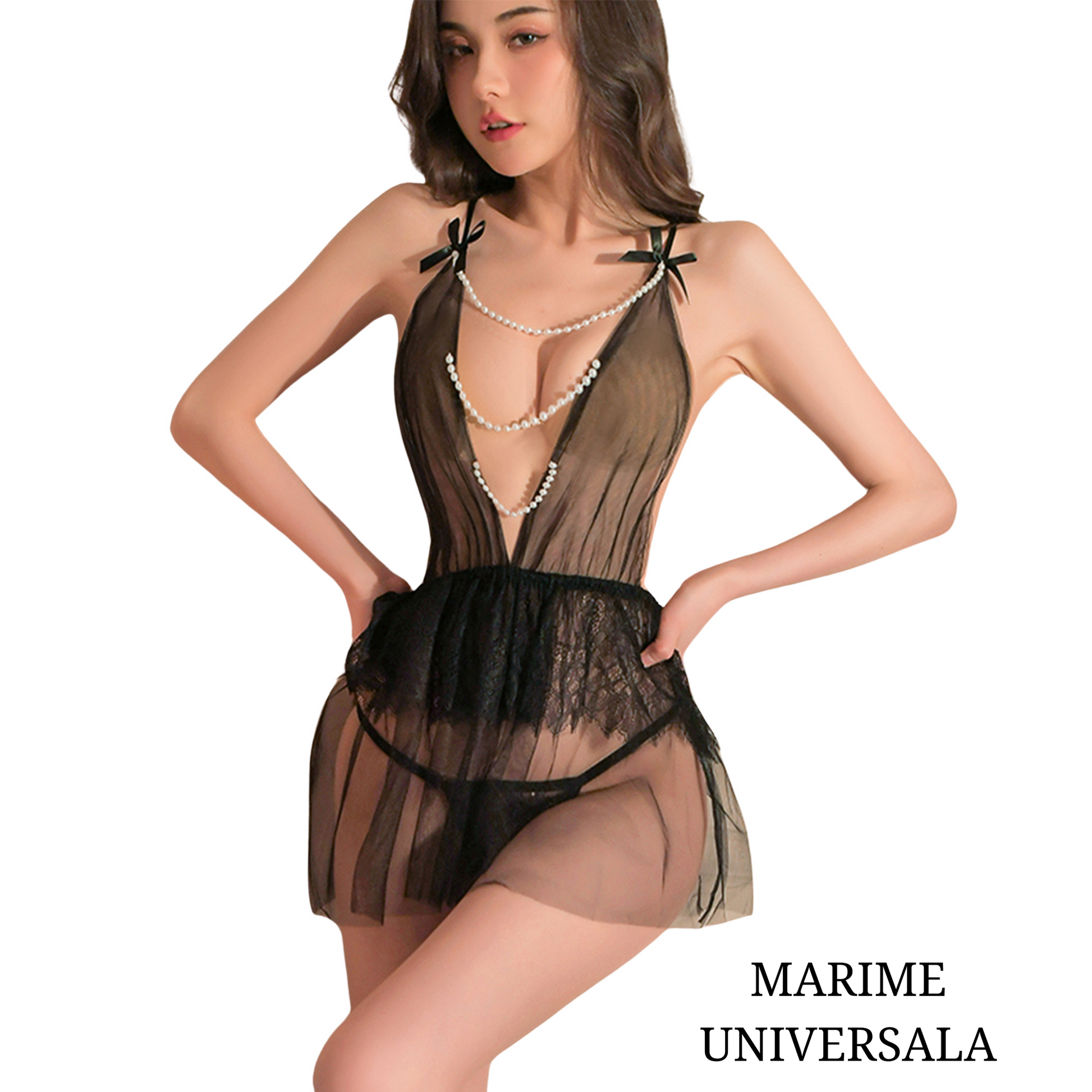 Costum intim, tip rochie, design reglabil, cu margele, din dantela neagra, one size INTL - LovePlay