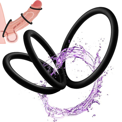 Set 3 inele de penis LovePlay™ pentru mentinerea erectiei si intarzierea ejacularii, din silicon, 3 dimeniuni: 5cm, 4cm si 3cm, negru, confortabile si usor de utilizat - LovePlay