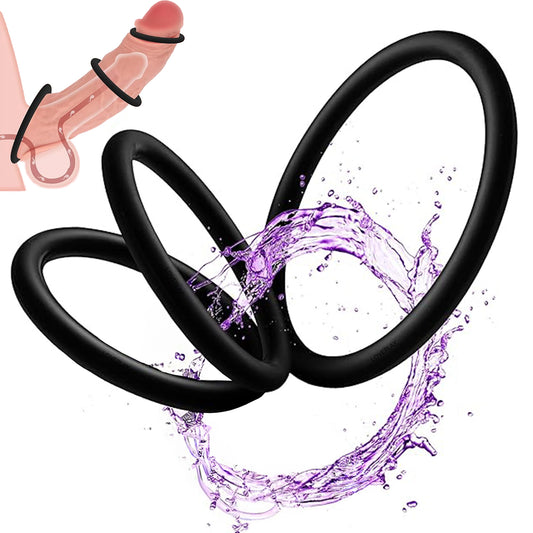 Set 3 inele de penis LovePlay™ pentru mentinerea erectiei si intarzierea ejacularii, din silicon, 3 dimeniuni: 5cm, 4cm si 3cm, negru, confortabile si usor de utilizat - LovePlay