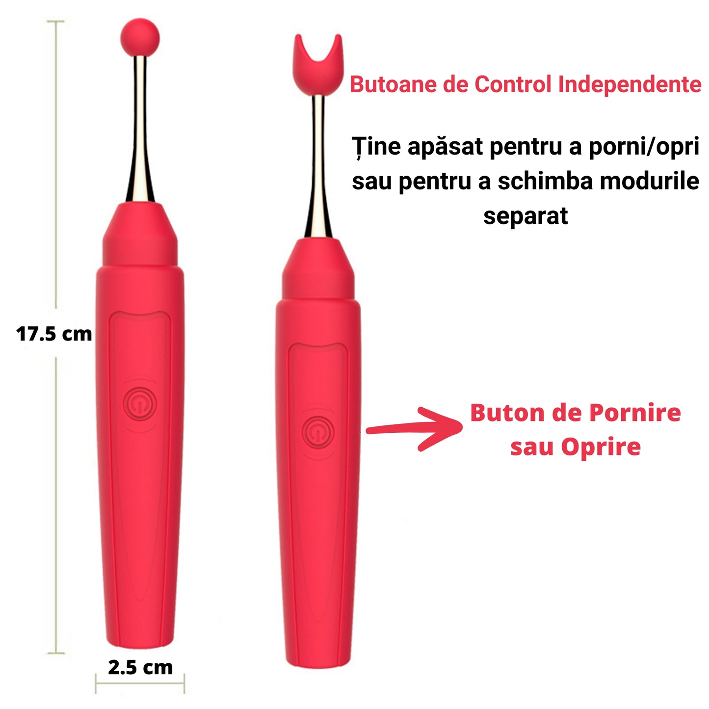 Vibrator LovePlay™ RedPen cu 10 moduri diferite de vibratie, sub forma de pix, cu 3 capuri diferite, diferite moduri de stimulare, rezistent la apa, incarcare USB, design discret, usor de curatat si transportat, 17.6 x 2.6cm, din silicon, rosu - LovePlay