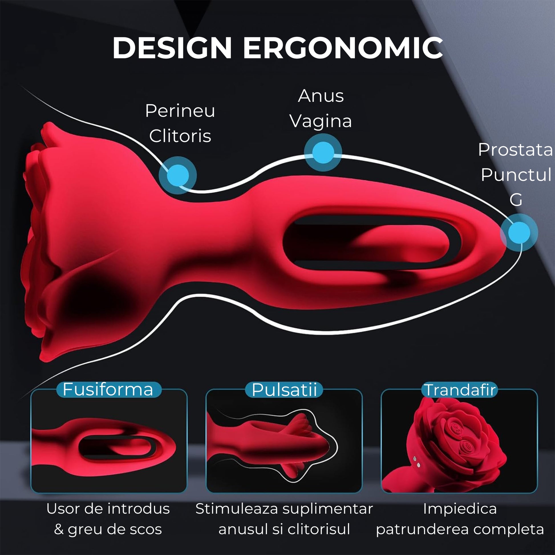 Vibrator 2in1 LovePlay™ AnalRose, cu 9 moduri de vibratie diferite, cu 9 moduri de pulsatie, pentru stimularea punctului G, control de la distanta prin telecomanda, incarcare magnetica USB, silentios, design discret - LovePlay