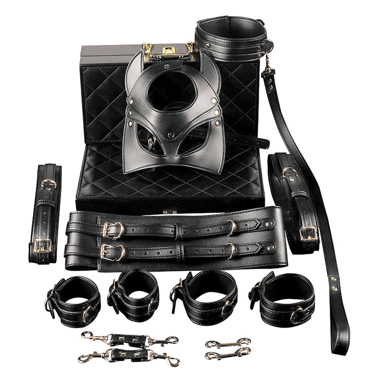 Set Complet de Accesorii BDSM, format din masca, lesa, zgarda din piele ecologica, catuse de maini si picioare, din piele ecologica, culoare negru - LovePlay