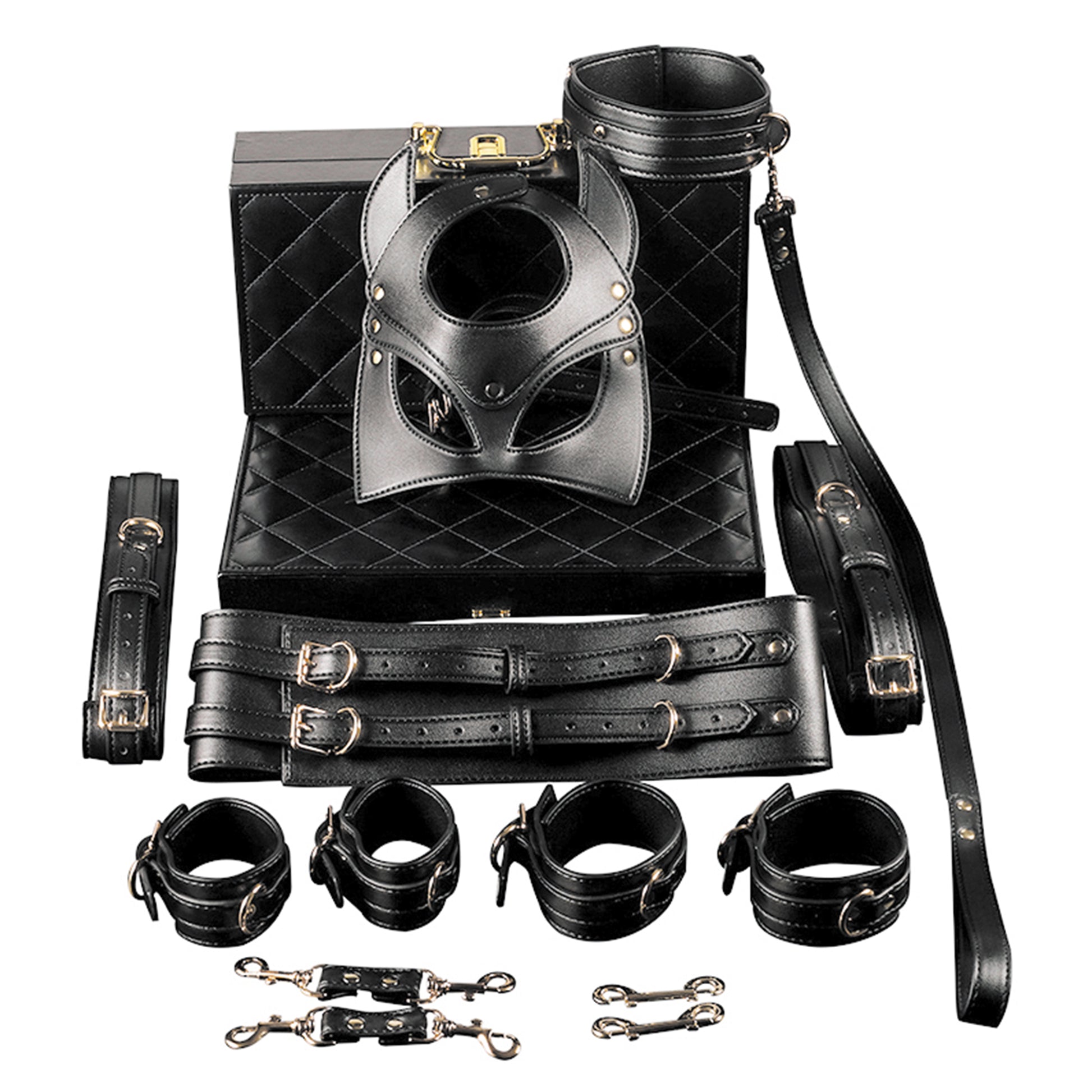 Set Complet de Accesorii BDSM, format din masca, lesa, zgarda din piele ecologica, catuse de maini si picioare, din piele ecologica, culoare negru - LovePlay