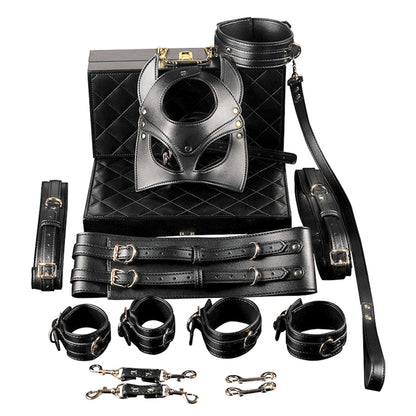 Set Complet de Accesorii BDSM, format din masca, lesa, zgarda din piele ecologica, catuse de maini si picioare, din piele ecologica, culoare negru - LovePlay