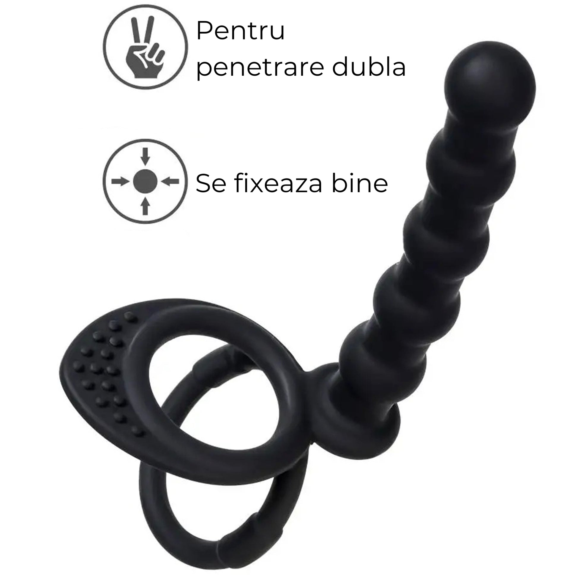 Strap on Dildo LovePlay™ DoubleD, cu inele de prindere si striatii sferice, pentru masaj punct G sau penetrare anala, din silicon non-toxic - LovePlay
