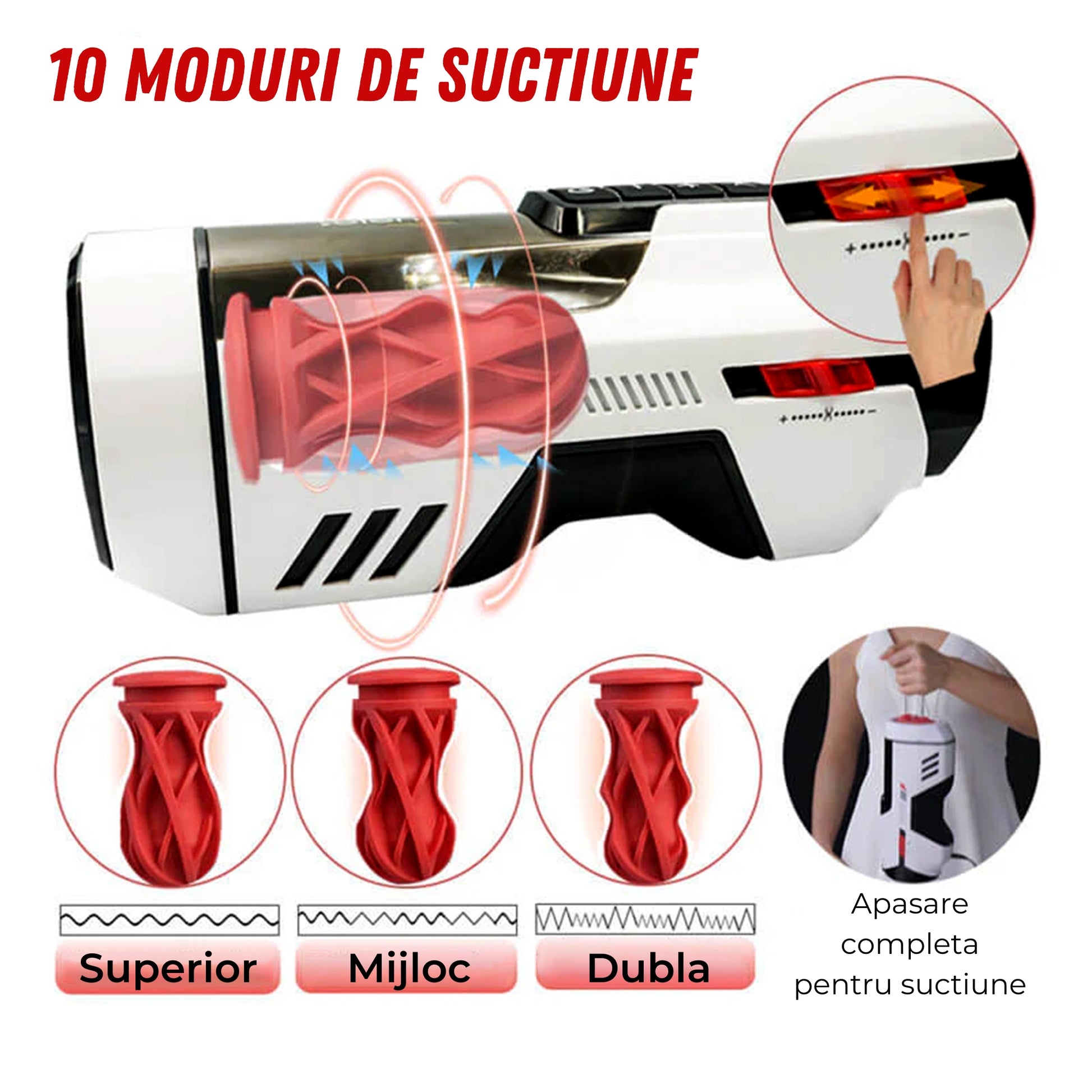Masturbator Automat LovePlay™ FuturePro, 10 Viteze, 10 Moduri de Suctiune, Incalzire 360° cu Aer Cald 40°C, Piston Dual cu Volante, Miscare Telescopica Reglabila 2–12 cm, Silicon Premium, Alb - LovePlay