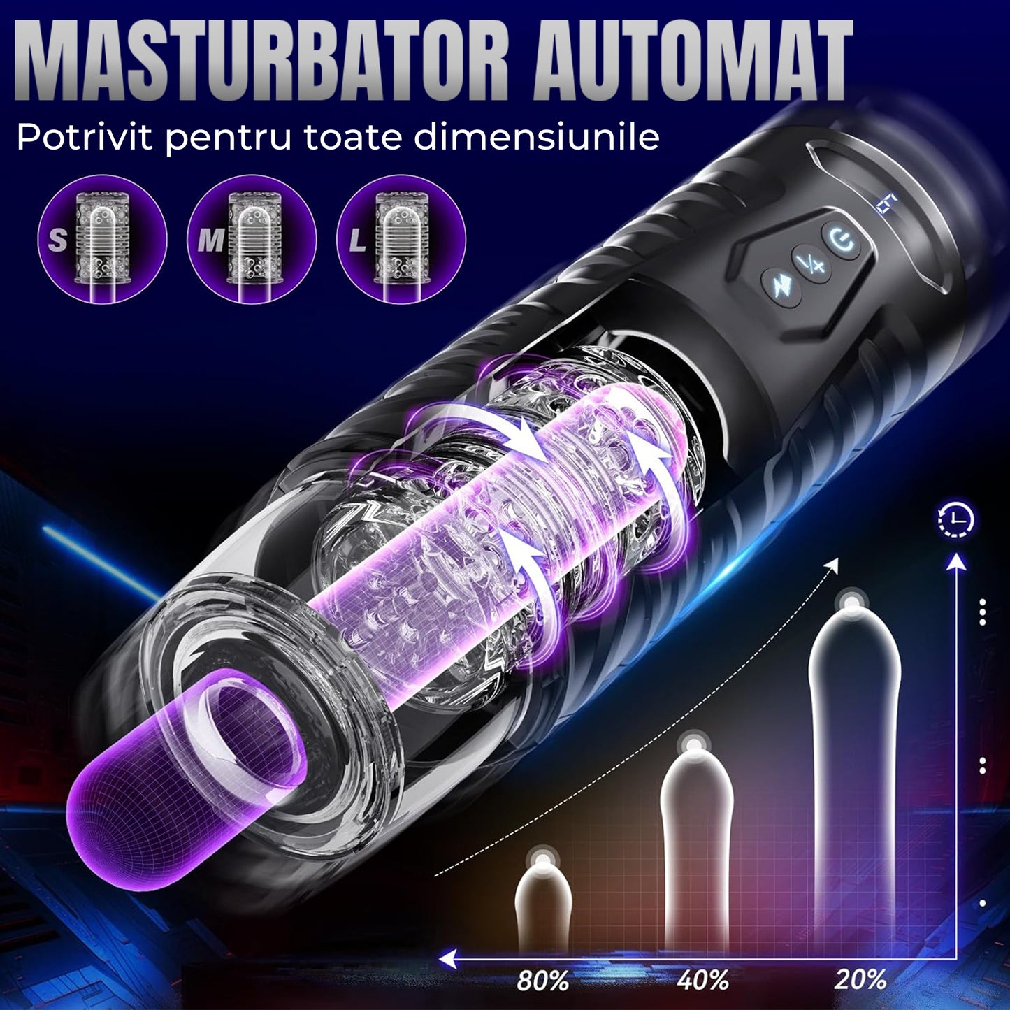 Masturbator automat LovePlay™ HardMode, cu 7 moduri de rotatie, 7 moduri de suctie, functie Turbo Orgasm, control prin aplicatie, ecran LCD, baza cu ventuza ajustabila 180°, fereastra vizuala, striatii 3D, reincarcabil prin USB, impermeabil - LovePlay