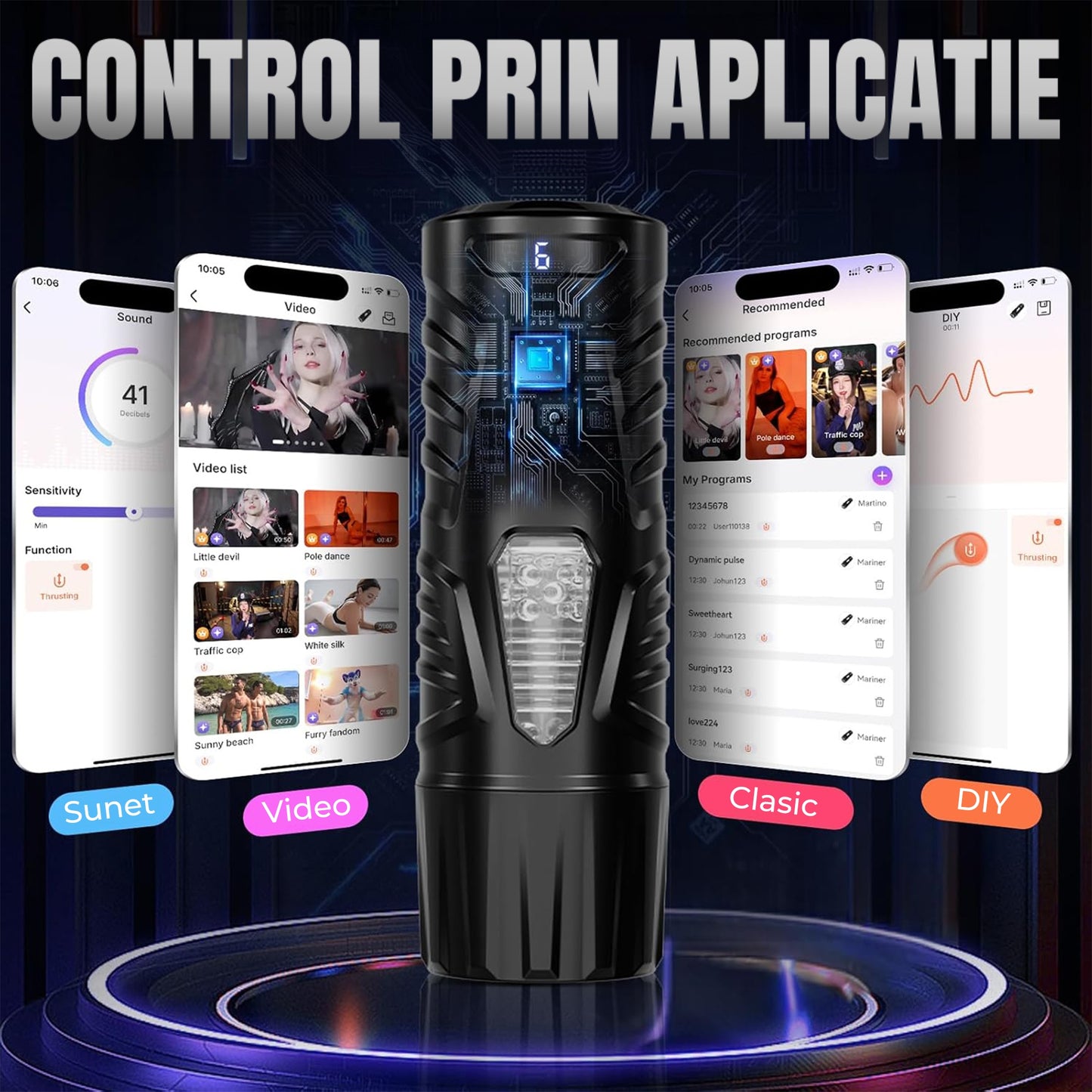 Masturbator automat LovePlay™ HardMode, cu 7 moduri de rotatie, 7 moduri de suctie, functie Turbo Orgasm, control prin aplicatie, ecran LCD, baza cu ventuza ajustabila 180°, fereastra vizuala, striatii 3D, reincarcabil prin USB, impermeabil - LovePlay
