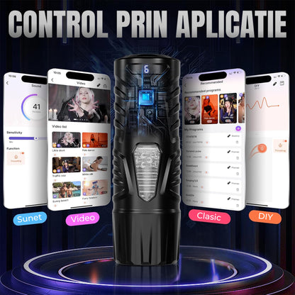 Masturbator automat LovePlay™ HardMode, cu 7 moduri de rotatie, 7 moduri de suctie, functie Turbo Orgasm, control prin aplicatie, ecran LCD, baza cu ventuza ajustabila 180°, fereastra vizuala, striatii 3D, reincarcabil prin USB, impermeabil - LovePlay
