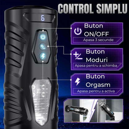 Masturbator automat LovePlay™ HardMode, cu 7 moduri de rotatie, 7 moduri de suctie, functie Turbo Orgasm, control prin aplicatie, ecran LCD, baza cu ventuza ajustabila 180°, fereastra vizuala, striatii 3D, reincarcabil prin USB, impermeabil - LovePlay