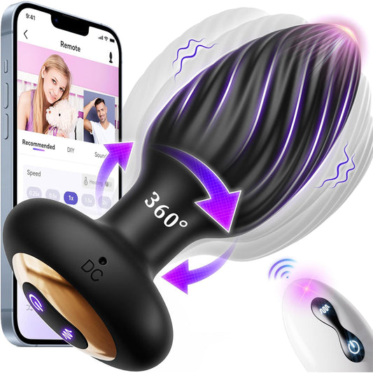 Dop Anal LovePlay™ TwistGasm, cu 7 moduri de rotatii, 7 moduri de vibratii, pentru stimulare anala si punct G, control prin aplicatie, telecomanda, rezistent la apa, din silicon, negru, diametru 35 mm