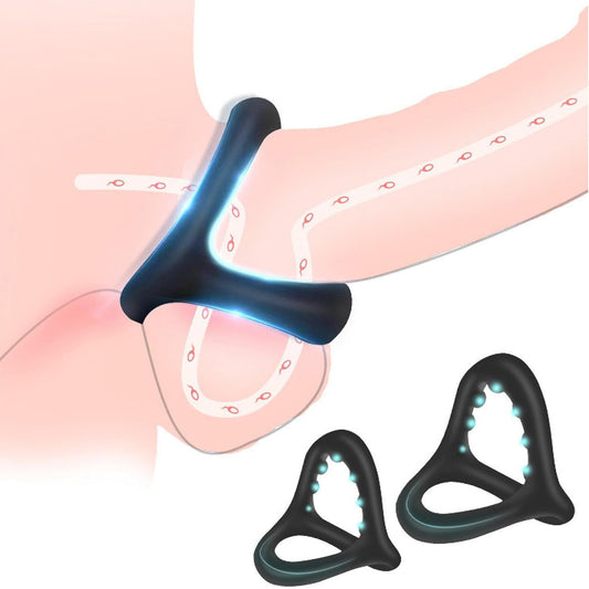 Inel pentru penis LovePlay™ 3 in 1 Late, BDSM, cu efect de intarziere a ejacularii, placere dubla si stimularea ambilor parteneri, pentru cupluri, din silicon, negru, moale, usor de folosit, rezistent la apa, 8 g - LovePlay