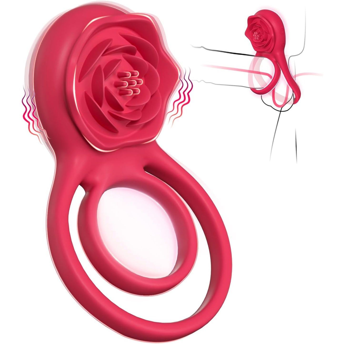 Vibrator LovePlay™ 2 in 1 RosePlay, cu inel dublu pentru penis si testicule, stimulare clitoris si punct G, 7 moduri vibratie, reincarcabil USB, silentios, rezistent la apa, silicon, rosu pudrat - LovePlay
