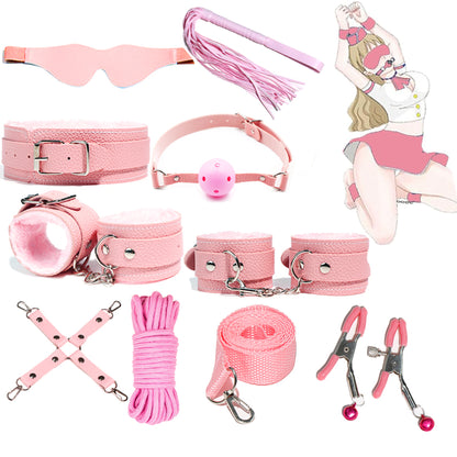 Set complet de accesorii BDSM YesSir LovePlay™ format din catuse pentru maini si picioare, bici, lesa, zgarda, masca de ochi, clesti pentru sfarcuri, prinzatori de pat, din piele ecologica, roz, ajustabil - LovePlay