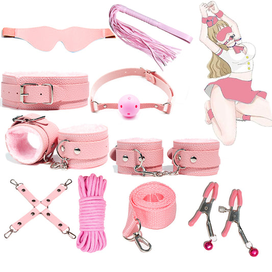 Set complet de accesorii BDSM YesSir LovePlay™ format din catuse pentru maini si picioare, bici, lesa, zgarda, masca de ochi, clesti pentru sfarcuri, prinzatori de pat, din piele ecologica, roz, ajustabil - LovePlay