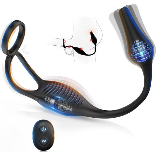 Set 2 in 1 LovePlay™ VibeLock, Vibrator Anal pentru stimularea prostatei si Inel de penis, cu 10 tipuri diferite de vibratie, control de la distanta prin telecomanda, rezistent la apa, din silicon, 30 x 2.5 x 2.5 cm